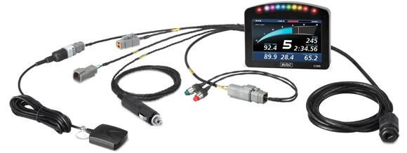 Motec Dash C125 Race Display Kit, high-tech digital racing display with multiple connection cables and sensors.