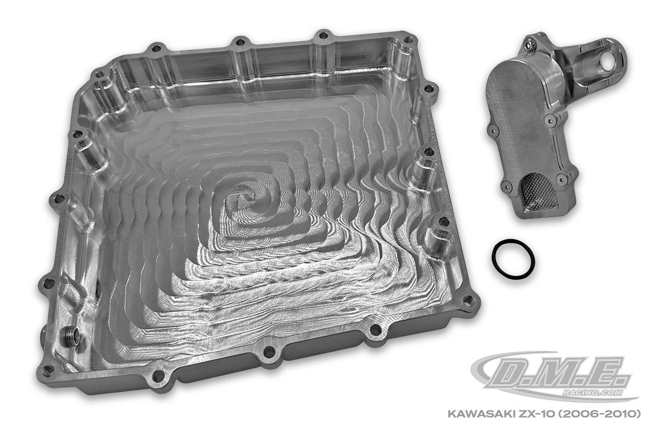 DME Low Profile Billet Oil Pan Kawasaki ZX10R (06-10), stainless steel oil pan with a smooth, polished surface and precise engineering for Kawasaki ZX10R motorcycle models from 2006 to 2010.
