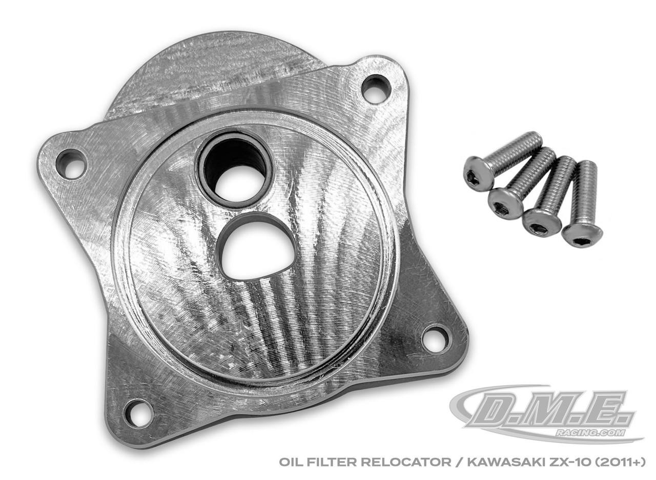 DME Low Profile Billet Oil Pan Kawasaki ZX10R 11-24, front view of the metal oil pan with mounting screws.