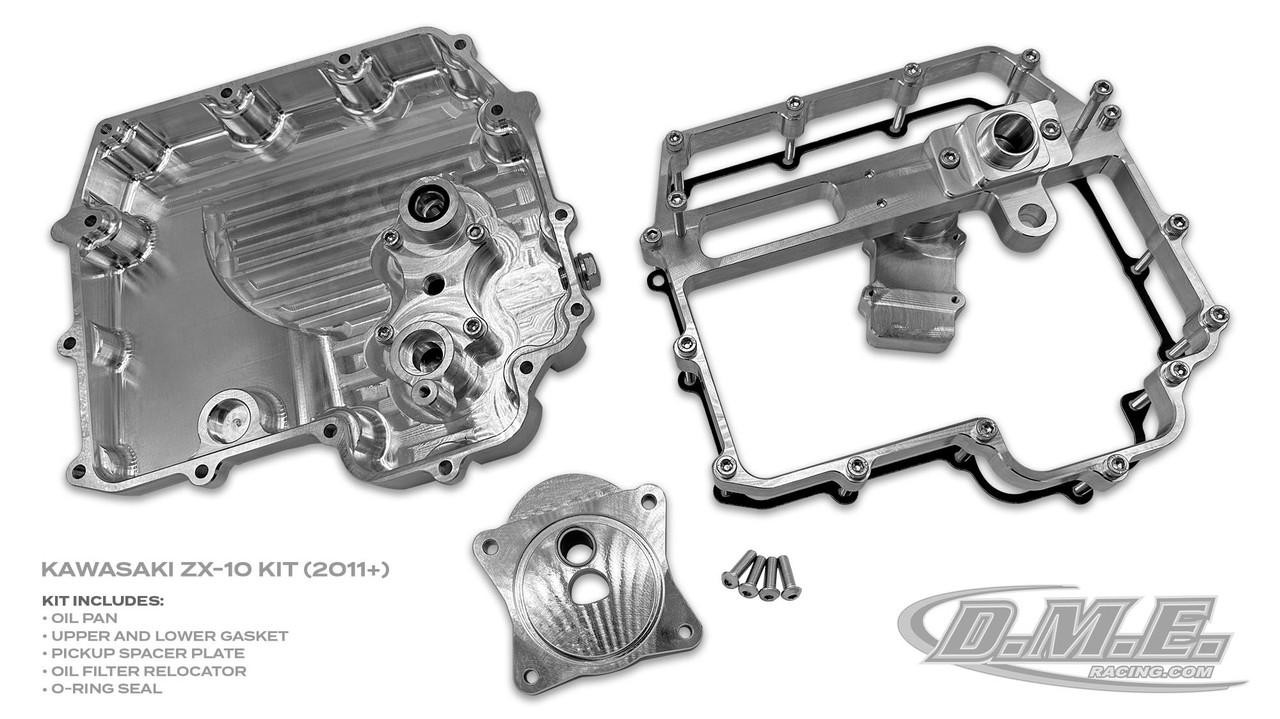 DME Low Profile Billet Oil Pan Kawasaki ZX10R (11-24), image showing metallic oil pan components including the oil pan, gasket, spacer plate, oil filter relocator, and o-ring seal.