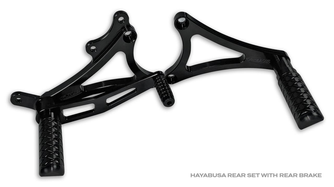 DME Rear Sets, Suzuki Hayabusa (99-26), black motorcycle rearset with footpegs and rear brake pedal.