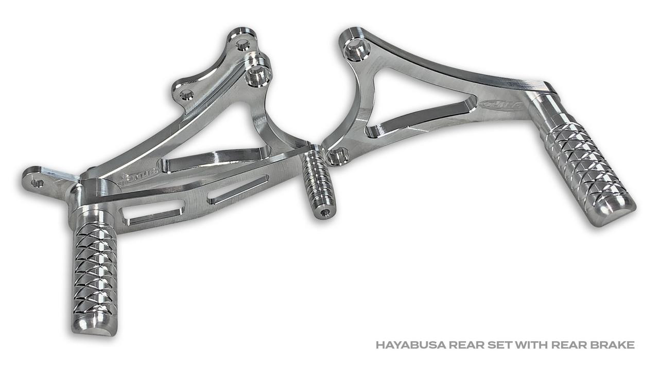 DME Rear Sets, Suzuki Hayabusa (99-26), high-quality aluminum motorcycle rear footpegs with a sleek silver finish and adjustable design.