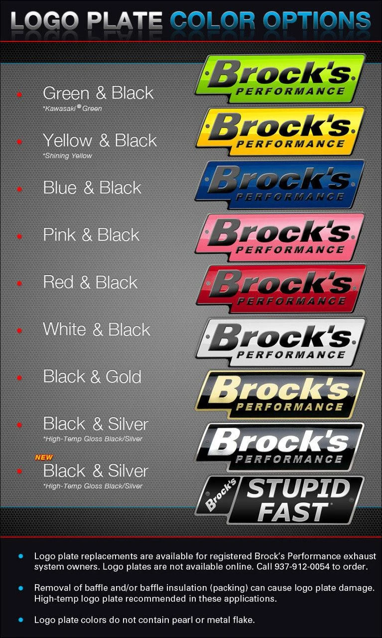 Brocks Performance Brocks Alien Head 2 Full Exhaust 14" Muffler Suzuki Hayabusa (99-22), image showing various color options for Brocks logo plates including green, yellow, blue, pink, red, white, gold, silver, and black with gold, silver, and the 'Stupid Fast' editions.