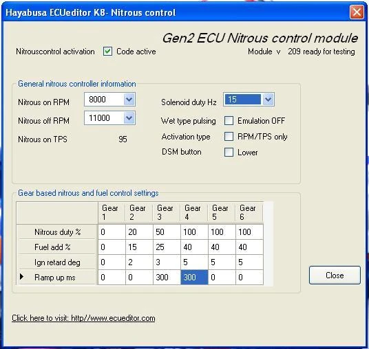 Schnitz Racing Schnitz ECU Nitrous Harness for Suzuki GSX1300R Hayabusa (08-20), showing the nitrous control module interface with settings for RPM, nitrous bottle pressure, and gear-based fuel control.