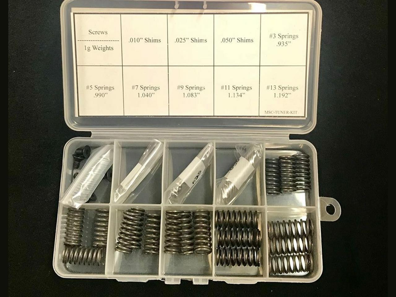 MTC Gen II Multistage Clutch Tuner Kit, compact plastic storage case with various clutch springs and shims arranged inside.