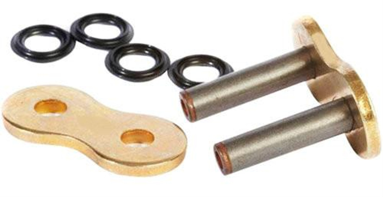 EK Chain 530 ZVX-3 X-Ring Master Connecting Link, technical bicycle chain master link with two metal pins, rubber O-rings, and gold-colored connector plate for bike chain repair and maintenance.