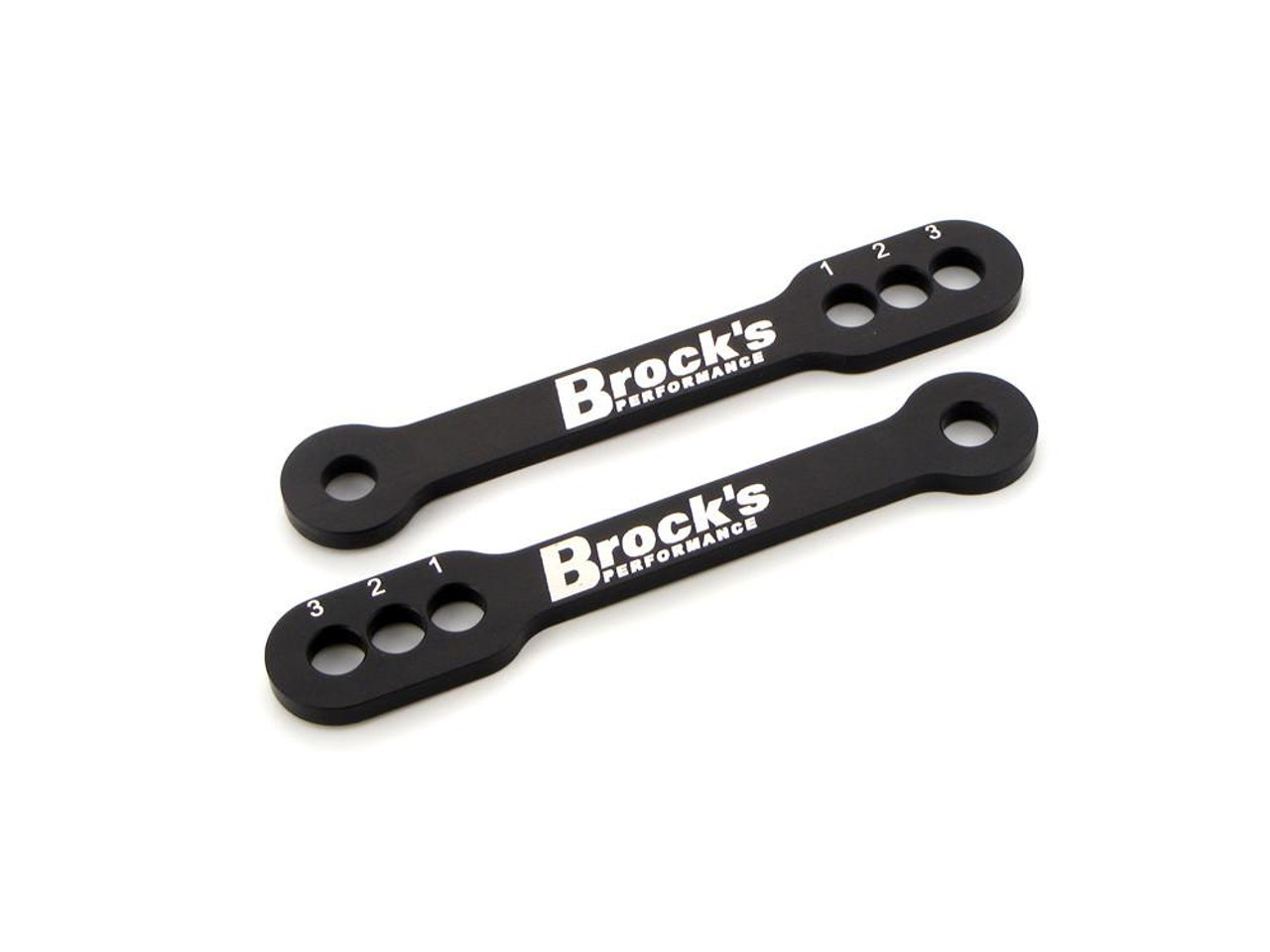 Brocks Performance Brocks Lowering Links Suzuki Hayabusa (99-21), black adjustable lowering links with white branding and numbered adjustment holes