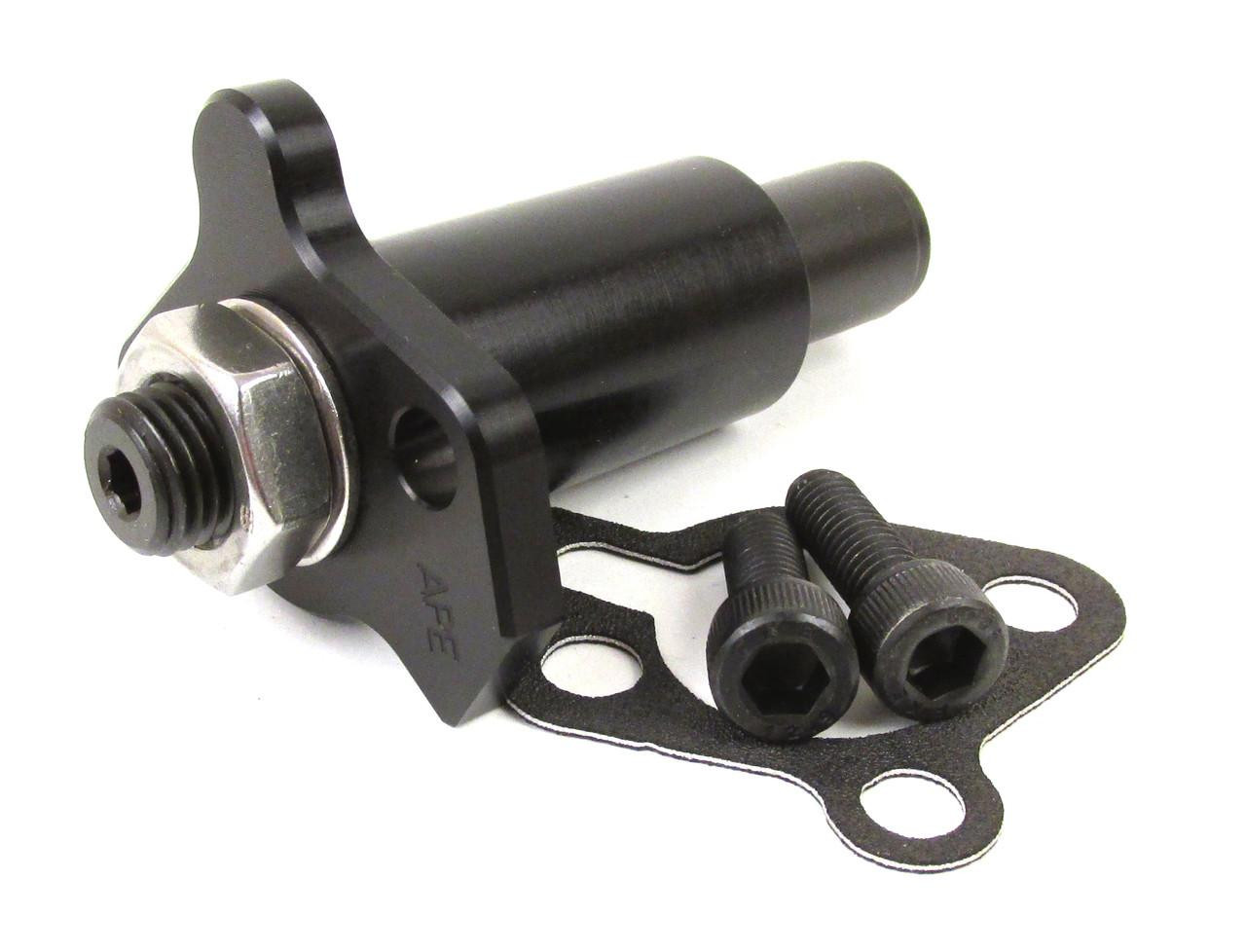 APE Manual Cam Chain Tensioner Pro Series for Kawasaki ZX14R, ZX-10R, Ninja H2, with image of the black tensioner component, mounting gasket, and screws. APE Manual Cam Chain Tensioner Pro Series for Kawasaki ZX14R, ZX-10R, Ninja H2, with image of the black tensioner component, mounting gasket, and screws.