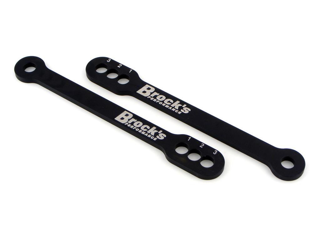 Brocks Performance Brocks Lowering Links Suzuki GSXR1000 01-06, black motorcycle lowering links with white branding and numbered adjustment holes.