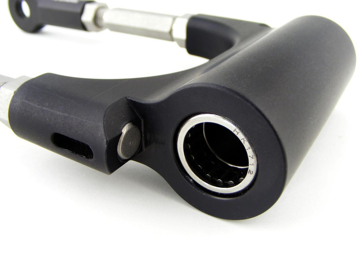 Brocks Performance Brocks Window Lowering Link Suzuki GSXR1000, front view of motorcycle window lowering link with black finish and metal components for Suzuki GSXR1000 (07-08).