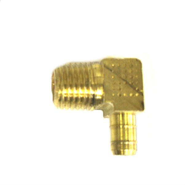 Schnitz Fitting Brass Barb 90° 1/4" Male Pipe x 1/4" Fuel Line, close-up of a brass fitting with a 90-degree angle and threaded and barbed connectors for fuel line connection.