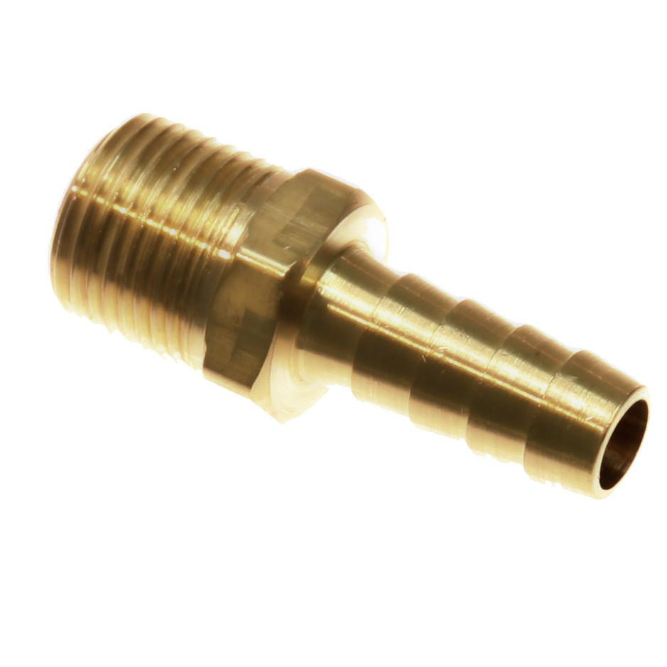 Schnitz Fitting Brass Barb 1/4" Male Pipe x 1/4" Fuel Line, close-up of a brass fitting used for connecting fuel lines with male pipe and barb fittings.