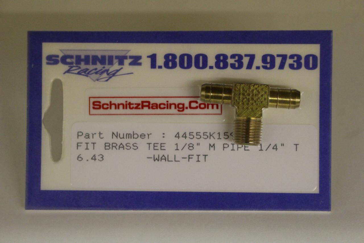 Schnitz Fitting Brass Barb Tee 1/4" Fuel Line x 1/8" Male Pipe x 1/4" Fuel Line, brass fitting in packaging for fuel system connections.