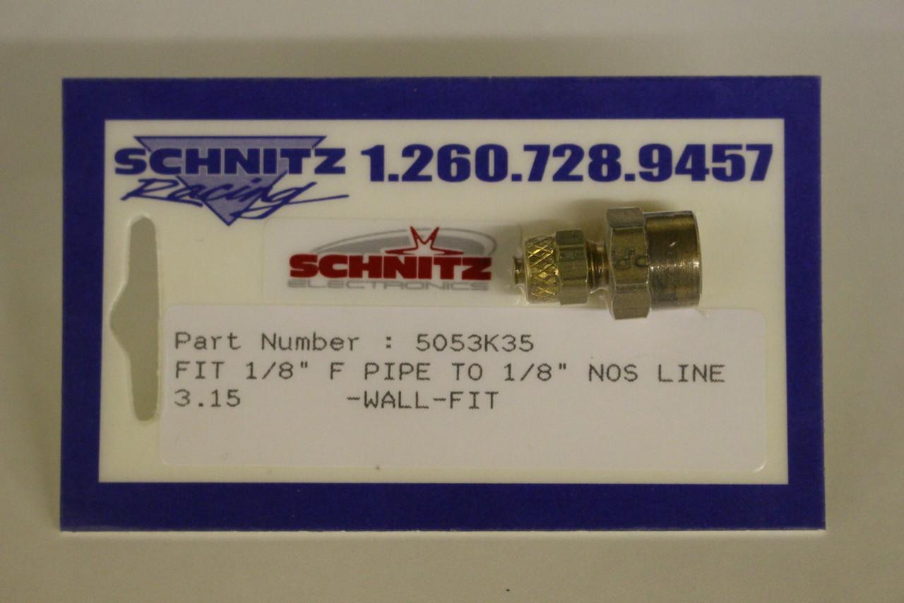 Schnitz Fitting 1/8" Female Pipe to 1/8" Nitrous Line, small metallic fitting with threaded ends for connecting nitrous lines