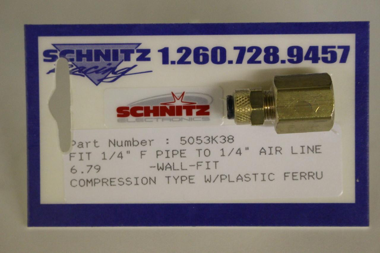 Schnitz Fitting 1/4" Female Pipe to 1/4" Air Line, brass fitting with black rubber O-ring for connecting air hoses and pipes.