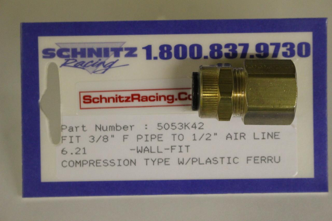 Schnitz Fitting 3/8" Female Pipe to 1/2" Air Line, brass fitting on packaging for air compressor accessories.