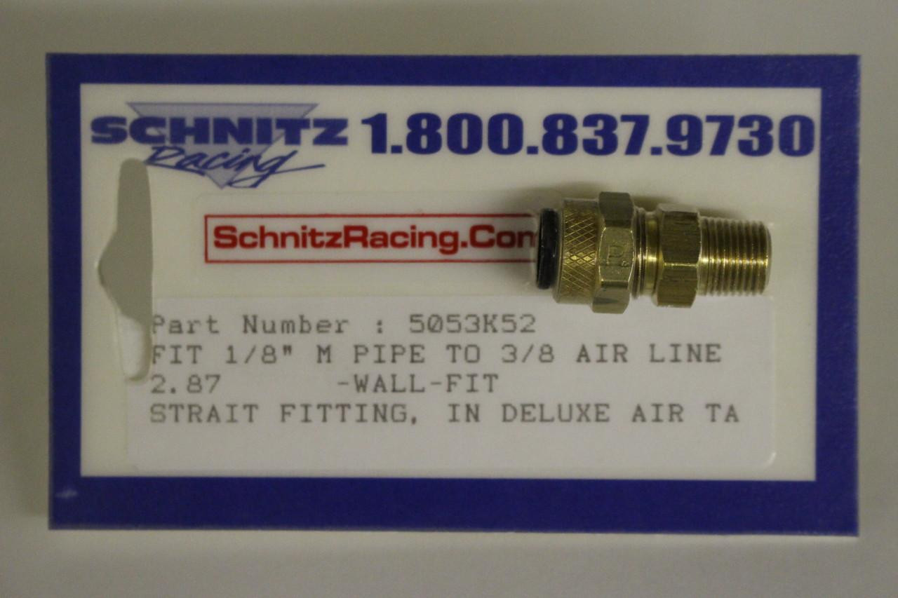 Schnitz Fitting 1/8" Male Pipe to 3/8" Air Line, metal air fitting with threaded end for connecting air lines and pneumatic systems. Schnitz Fitting 1/8" Male Pipe to 3/8" Air Line, metal air fitting with threaded end for connecting air lines and pneumatic systems.
