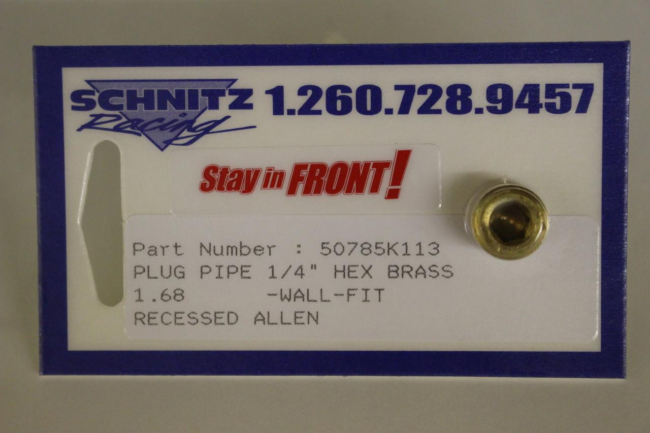 Schnitz Fitting Hex Brass Plug Pipe 1/4'', close-up of a brass pipe plug with a recessed Allen hole on a product label.