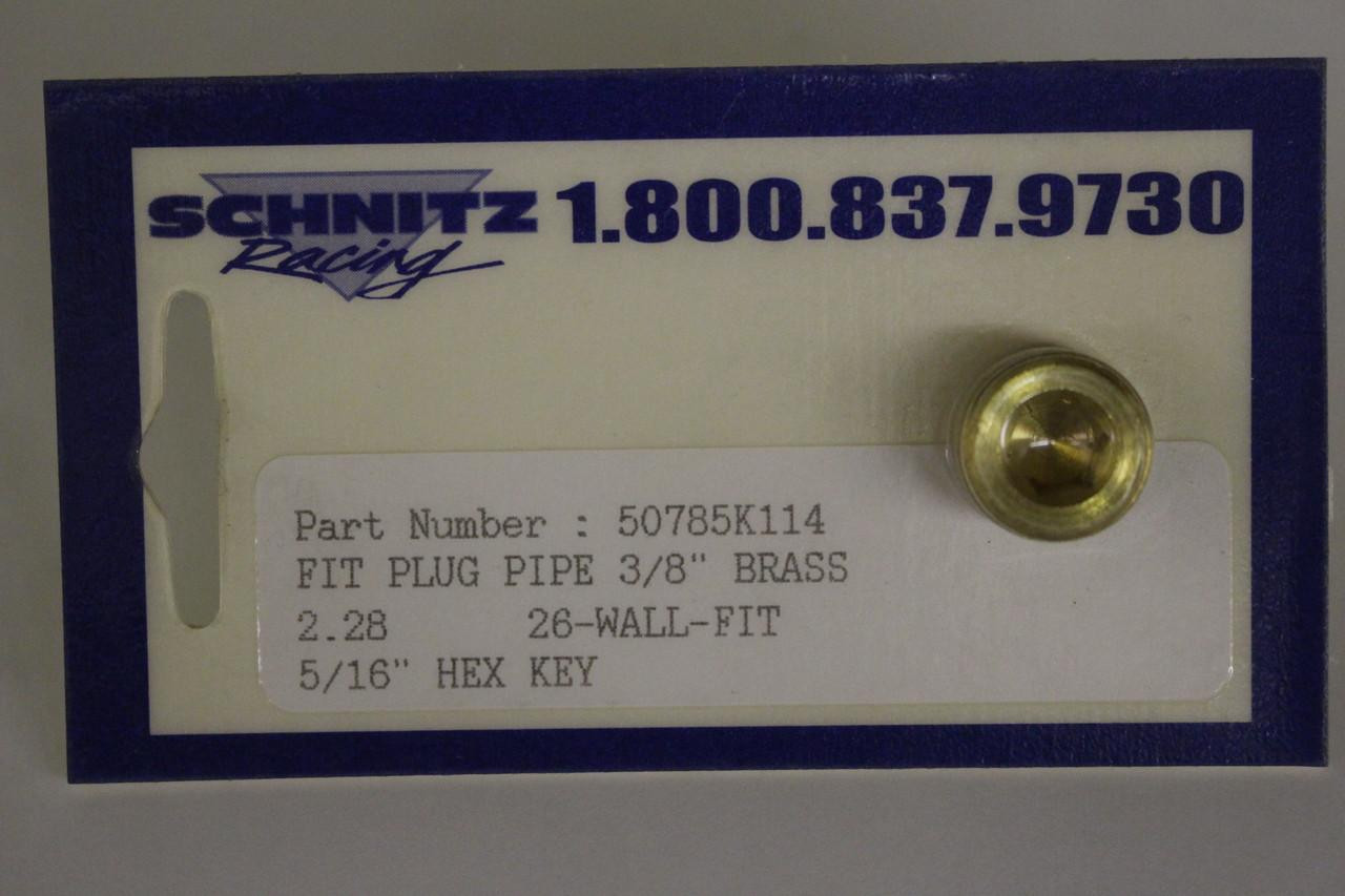 Schnitz Fitting Hex Brass Plug Pipe 3/8", brass plug for pipe fitting, shown in retail packaging with product details.