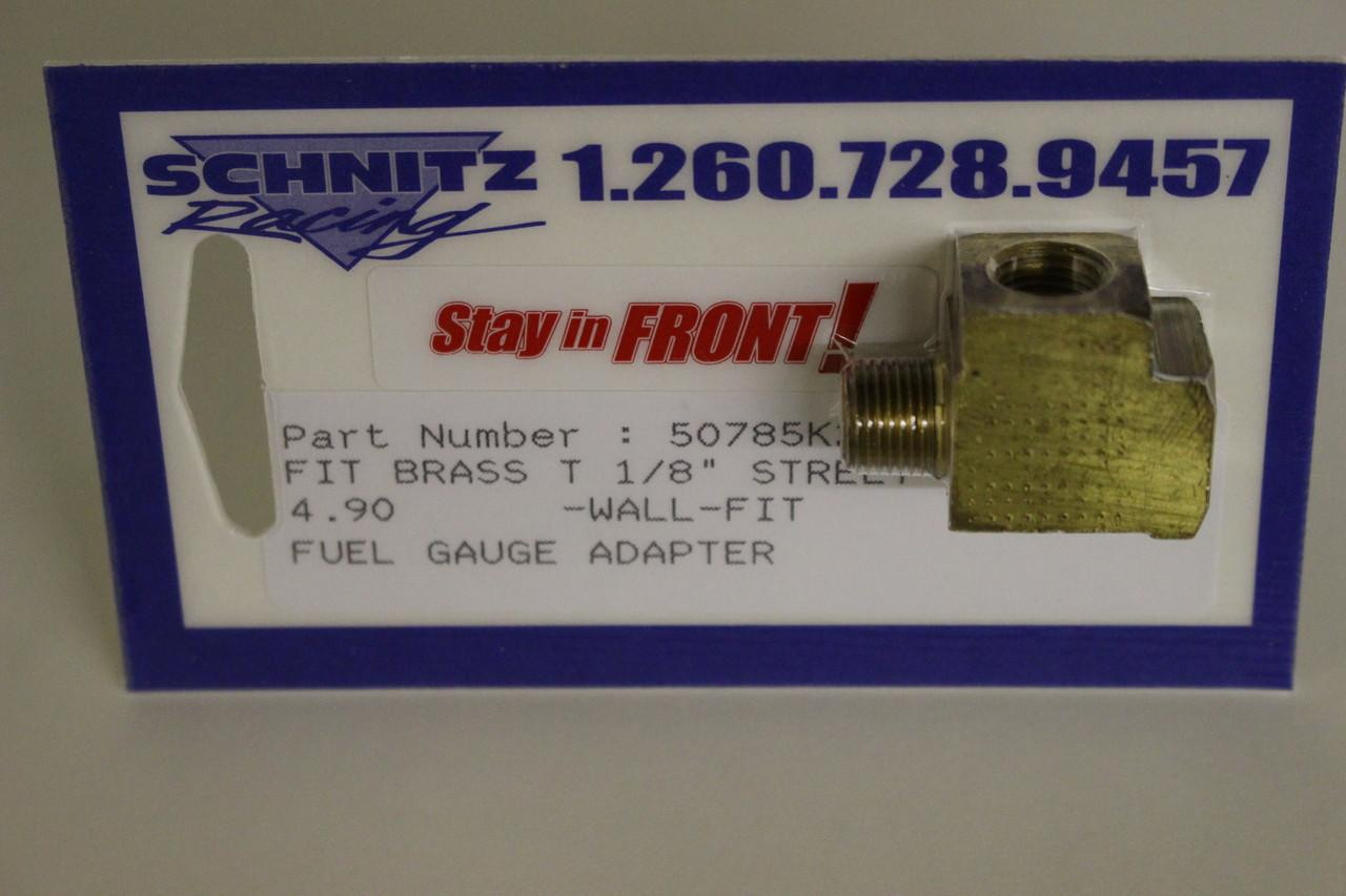 Schnitz Fitting Brass Street T 1/8", brass fuel gauge adapter fitting in packaging.