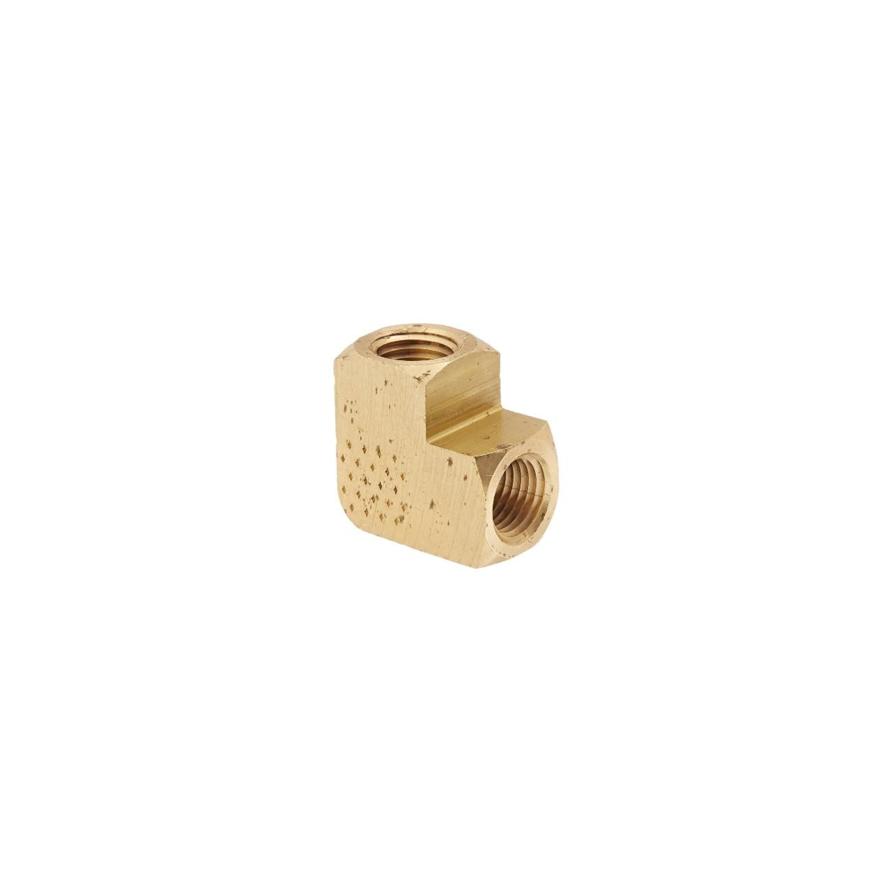 Schnitz Racing Brass Fitting, 1/8 inch NPT Female to 1/8 inch NPT Female, 90 Degree connector, precision machined brass fitting for hydraulic or pneumatic applications.