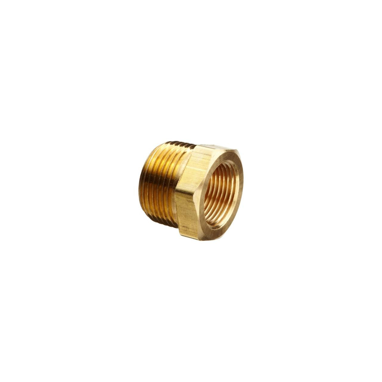 Schnitz Racing Schnitz Fitting Brass Bushing 3/8" NPT Male to 1/8" NPT Female, brass fitting with male and female threaded ends for plumbing or automotive use.