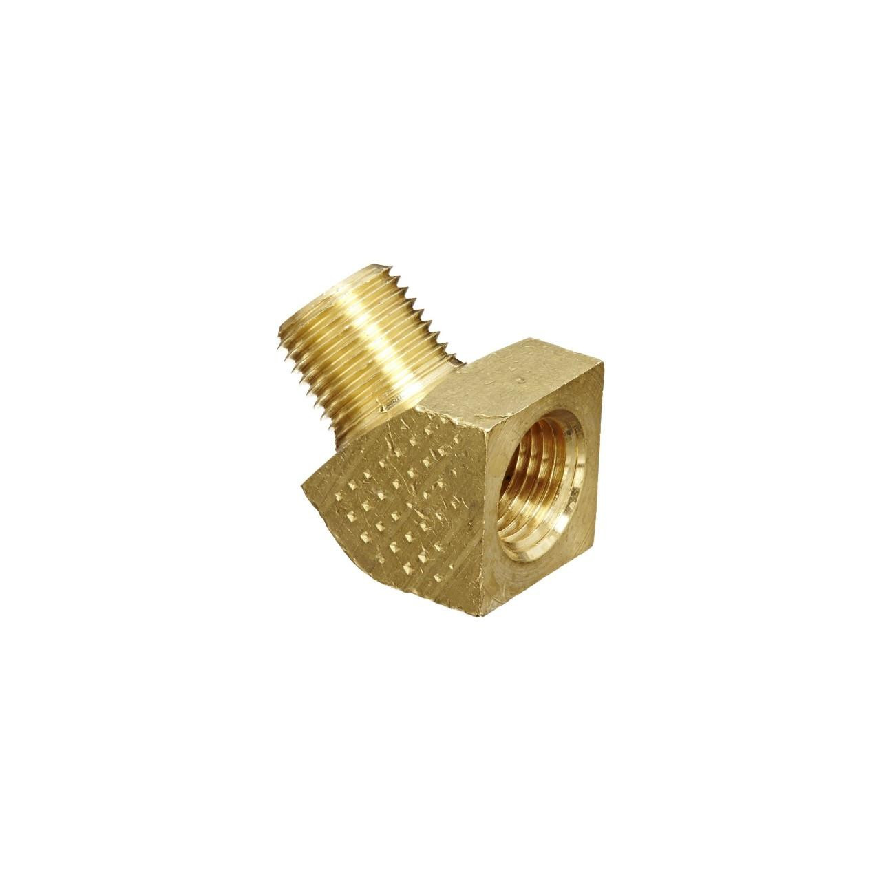 Schnitz Racing Brass Fitting 45 Degree 1/8" NPT Male to 1/8" NPT Female, brass fitting with 45-degree angled male to female threaded connections.