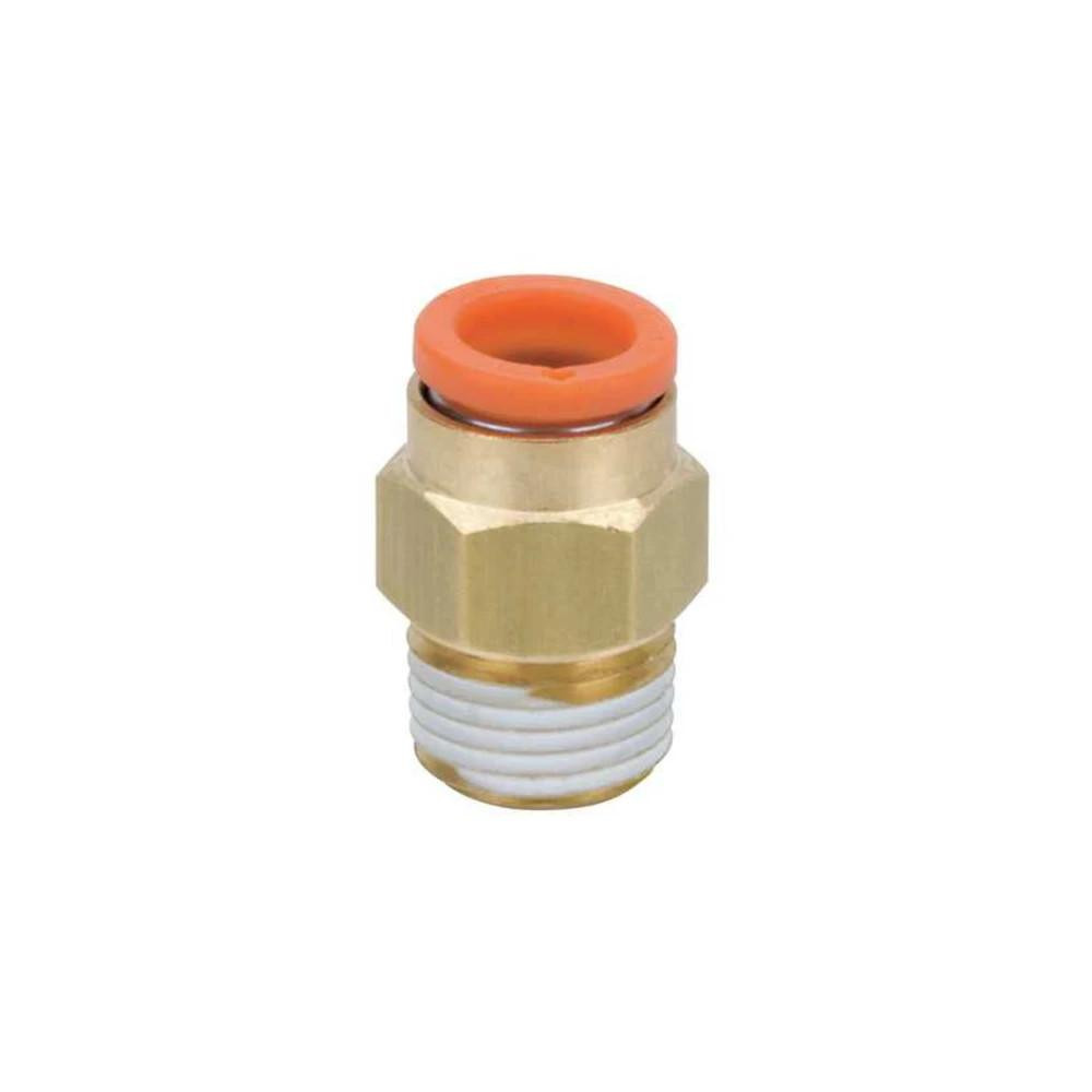 Schnitz Racing Schnitz Fitting Brass Quick Connect 1/8" NPT Male to 1/8" Line, close-up image of brass quick connect fitting with orange silicone seal and threaded connection.