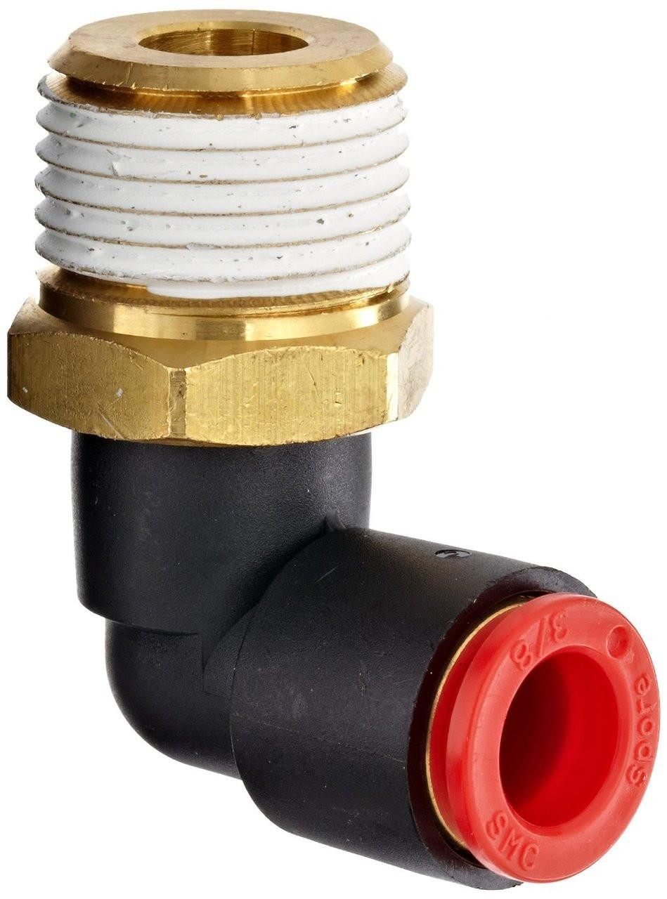 Schnitz Racing Schnitz Fitting Brass Quick Connect 90 Degree 1/4" Male to 3/8" Line, black and brass hydraulic fitting with white and red accents for fluid connections. Schnitz Racing Schnitz Fitting Brass Quick Connect 90 Degree 1/4" Male to 3/8" Line, black and brass hydraulic fitting with white and red accents for fluid connections.