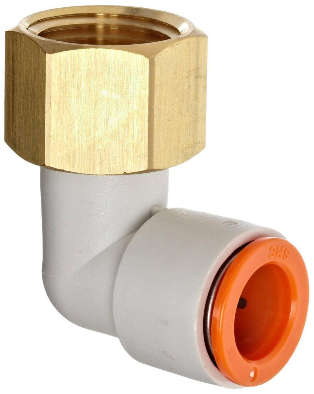 Schnitz Racing Schnitz Fitting Brass Quick Connect 90 Degree 1/8" NPT Female to 1/8" Line, close-up of a retrofitted metal fitting with brass and plastic components. Schnitz Racing Schnitz Fitting Brass Quick Connect 90 Degree 1/8" NPT Female to 1/8" Line, close-up of a retrofitted metal fitting with brass and plastic components.