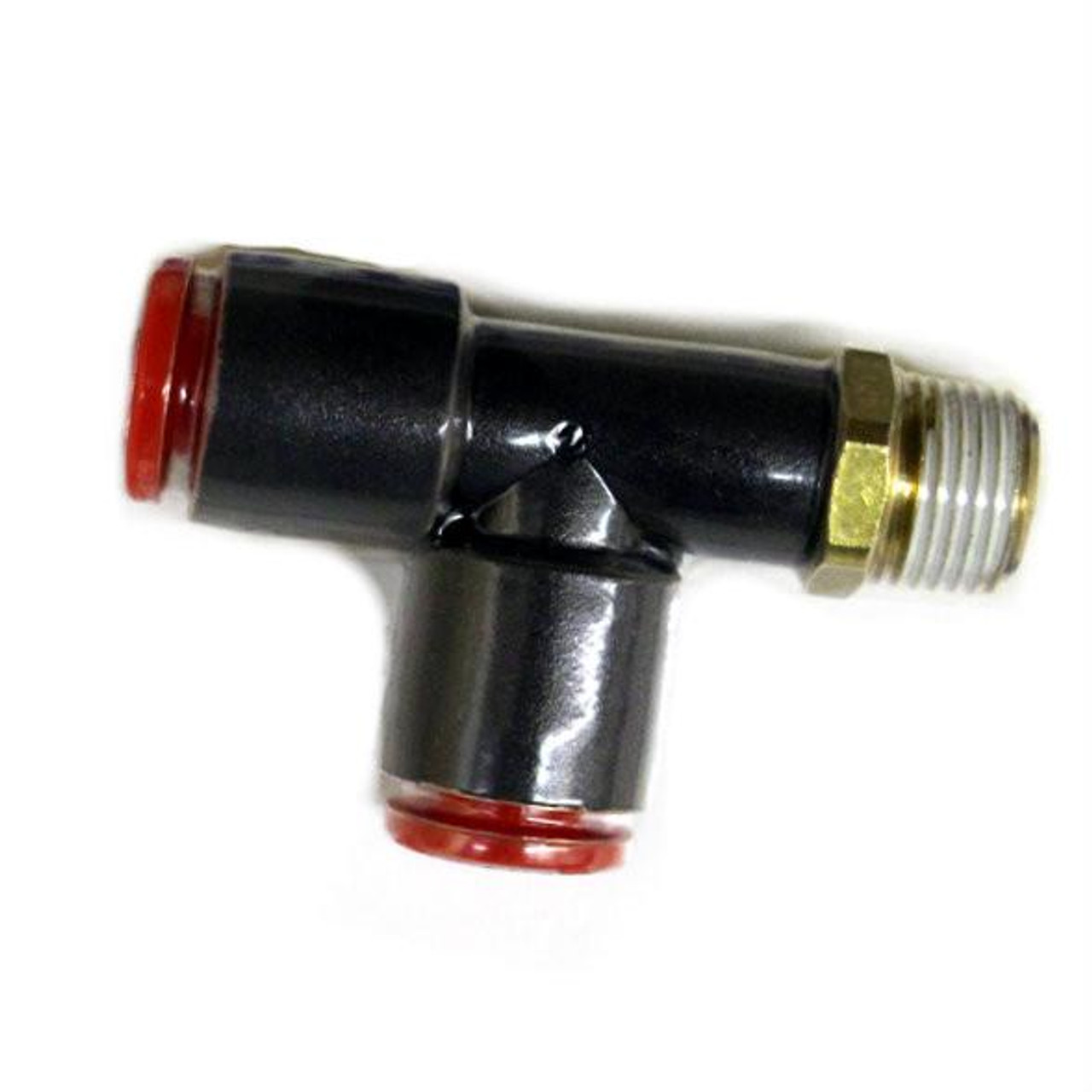 Schnitz Racing Schnitz Fitting Brass Quick Connect Tee 1/8" NPT Male x 1/4" Line x 1/4" Line, close-up of brass quick connect tee fitting with threaded and line connection points. Schnitz Racing Schnitz Fitting Brass Quick Connect Tee 1/8" NPT Male x 1/4" Line x 1/4" Line, close-up of brass quick connect tee fitting with threaded and line connection points.