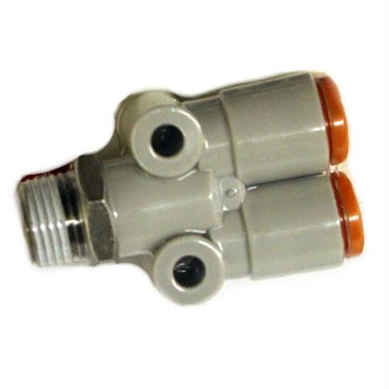 Schnitz Racing Schnitz Fitting Steel Quick Connect Y, metal automotive fitting with 1/8 inch NPT male thread and dual 1/4 inch line connections, used for quick fluid line connections in automotive applications. Schnitz Racing Schnitz Fitting Steel Quick Connect Y, metal automotive fitting with 1/8 inch NPT male thread and dual 1/4 inch line connections, used for quick fluid line connections in automotive applications.