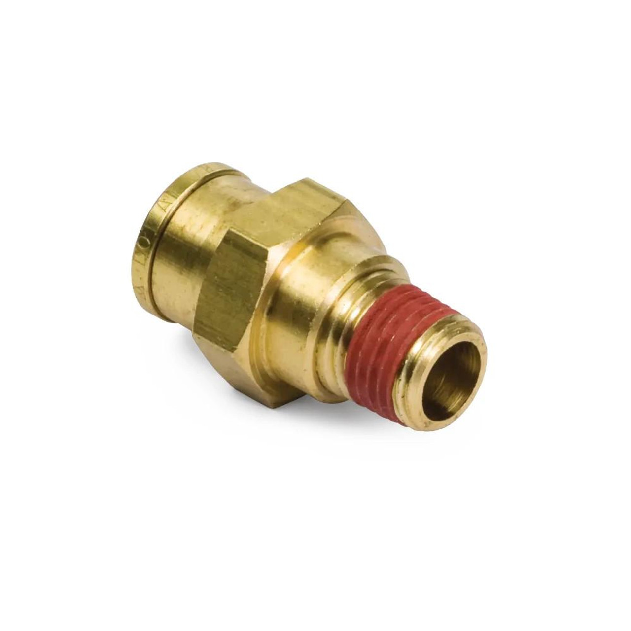 Schnitz Racing Schnitz Fitting Steel Quick Connect 10/32" Male to 1/8" Line, close-up of brass fitting with red gasket for hydraulic or fuel line connection. Schnitz Racing Schnitz Fitting Steel Quick Connect 10/32" Male to 1/8" Line, close-up of brass fitting with red gasket for hydraulic or fuel line connection.