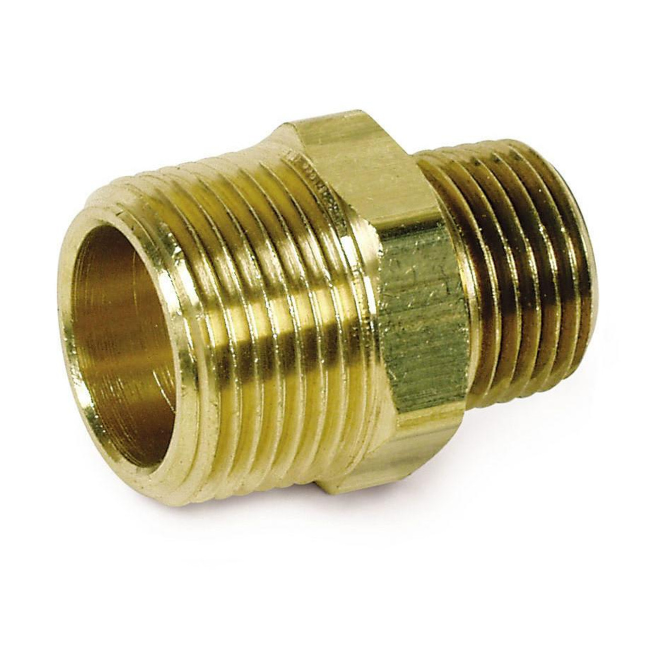 Schnitz Racing Schnitz Fitting Brass Reducer Hex Nipple 1/4" NPT Male to 1/8" NPT Male, close-up image of a brass fitting with male threads on both ends. Schnitz Racing Schnitz Fitting Brass Reducer Hex Nipple 1/4" NPT Male to 1/8" NPT Male, close-up image of a brass fitting with male threads on both ends.
