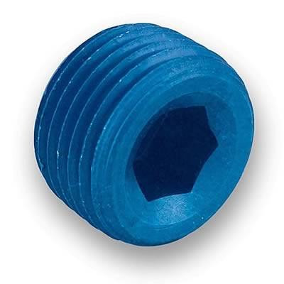 Schnitz Racing Schnitz Fitting Plug Aluminum 1/4" NPT Male Recessed Allen, blue aluminum threaded fitting with a recessed hexagonal socket for installation.