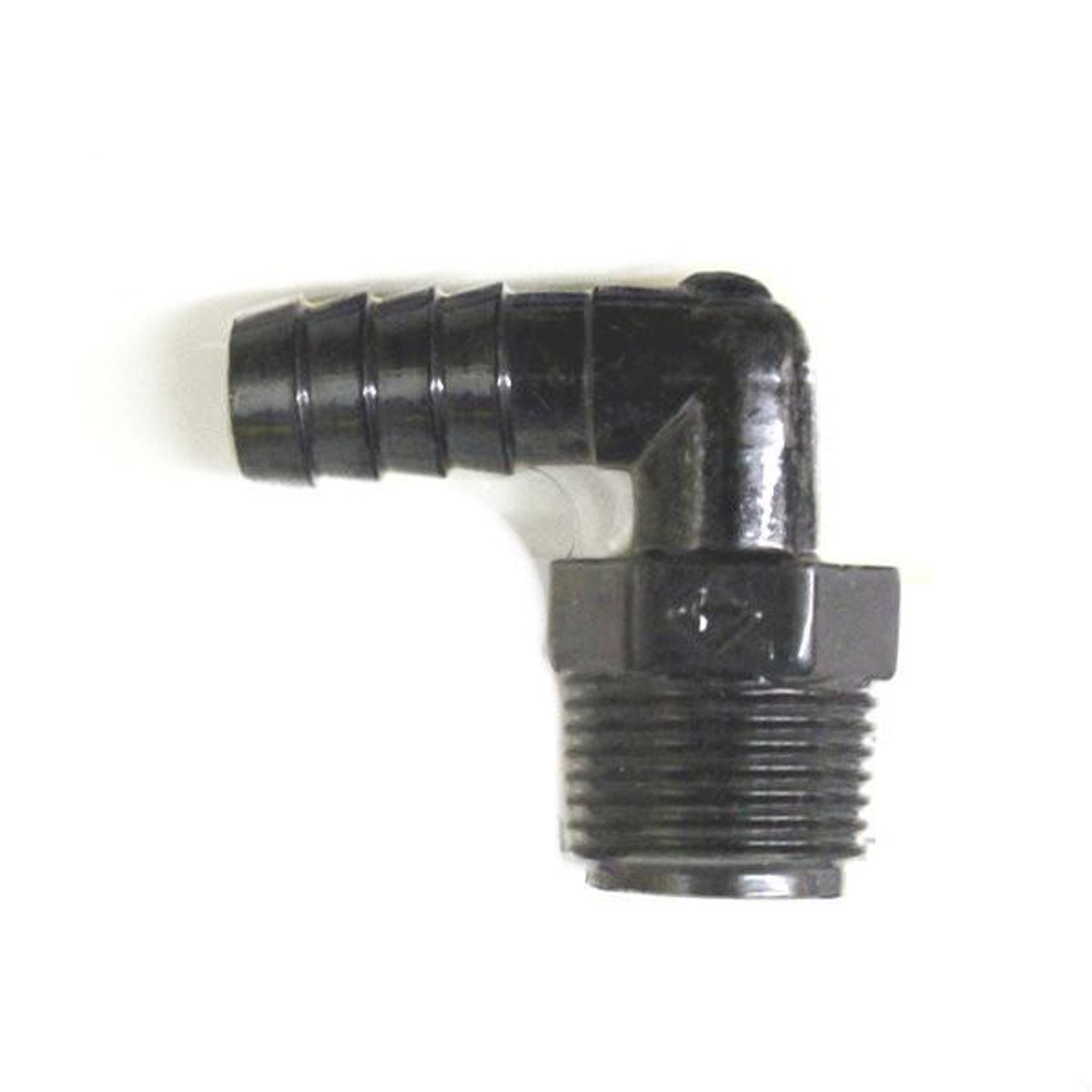 Schnitz Racing Schnitz Fitting Nylon Barb Adapter 90 Degree 3/8" NPT Male to 3/8" Hose, black plastic elbow fitting with barbed and threaded ends for fuel or coolant hose connections.