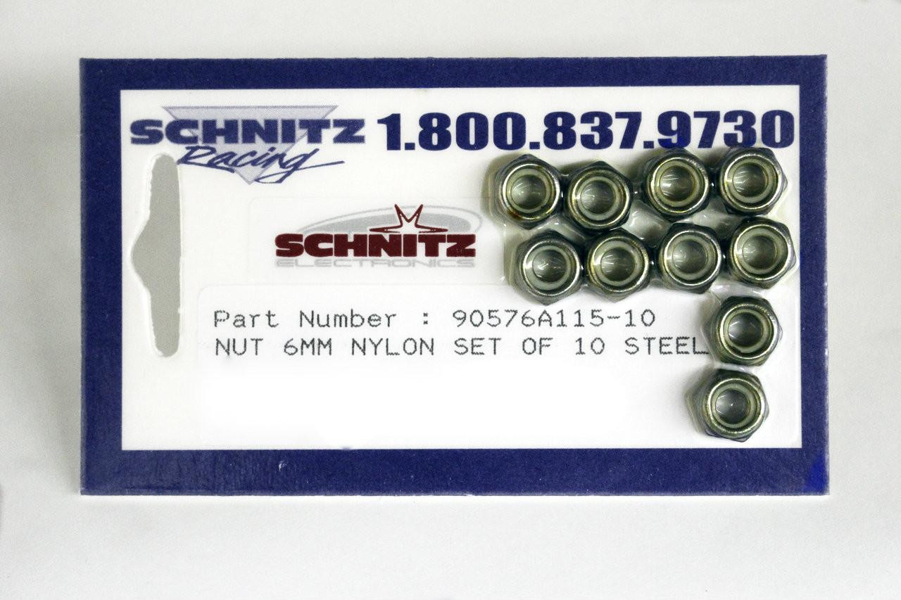 Schnitz Racing Schnitz Fitting Nylon 6mm Nut Set (10Qty), a pack of ten nylon nuts for fittings, displayed in a packaging with branding and product details. Schnitz Racing Schnitz Fitting Nylon 6mm Nut Set (10Qty), a pack of ten nylon nuts for fittings, displayed in a packaging with branding and product details.