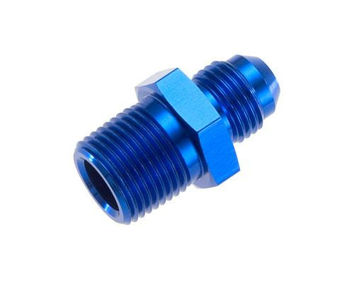 Schnitz Racing Aluminum Straight Fitting, blue anodized aluminum connector with male -4AN and 1/4" NPT threaded ends.