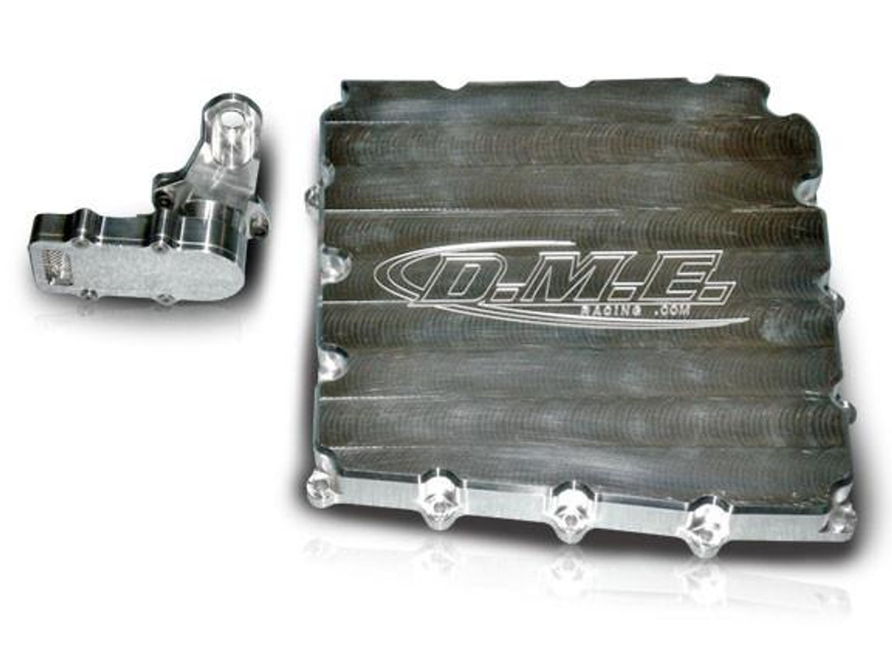 DME Low Profile Billet Oil Pan Kawasaki ZX10R (04-05), metallic silver oil pan with a ribbed design and DME logo, alongside a matching billet oil pump cover.