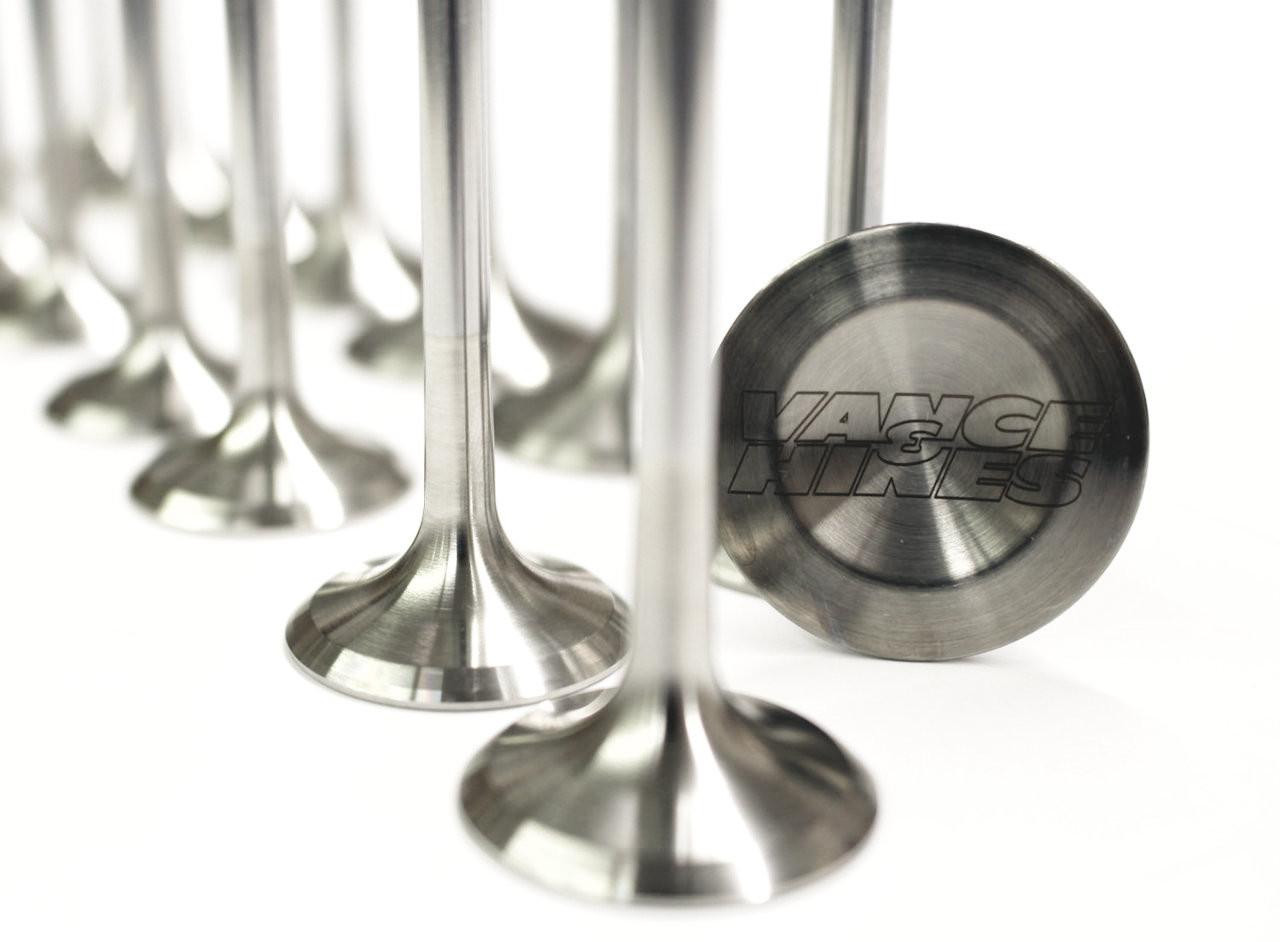 Vance & Hines Stainless Steel Exhaust Valves Kawasaki ZX14R (06-25), set of engine valves with a close-up view of one valve showing the Vance & Hines logo on the valve head.