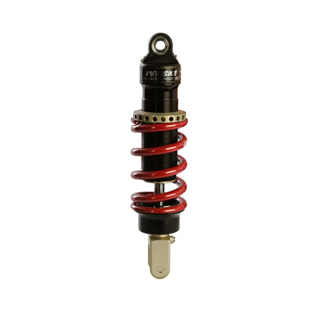 Penske Racing Shocks, Penske Double Adjustable Inline Sport Shock for Kawasaki Concours 14, front view showing black shock absorber with red coil spring and adjustable features.