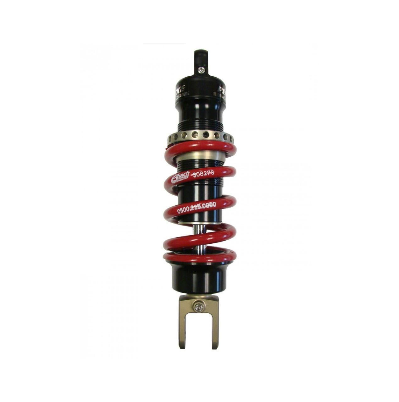 Penske Racing Shocks, Penske Double Adjustable Inline Sport Shock for Kawasaki Concours 14, close-up of black shock absorber with red coil spring, damping adjuster, and mounting hardware.