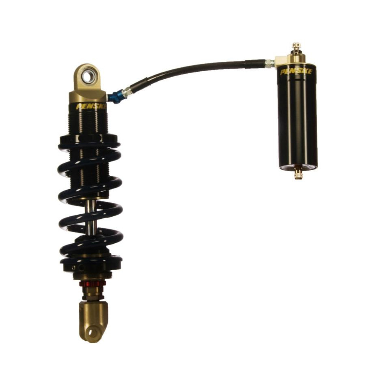 Penske Racing Shocks Penske Triple Adjustable Sport Shock Suzuki GSXR1000, high-performance motorcycle suspension shock with gold and black components. Penske Racing Shocks Penske Triple Adjustable Sport Shock Suzuki GSXR1000, high-performance motorcycle suspension shock with gold and black components.