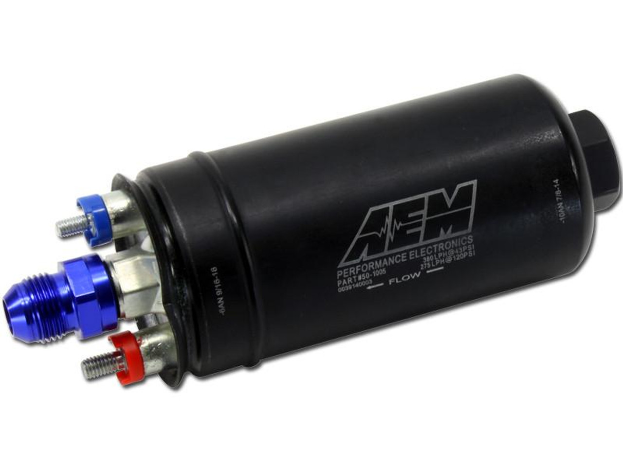 AEM 400LPH Inline High Flow Fuel Pump, black cylindrical fuel pump with blue and red fittings for fuel connections.