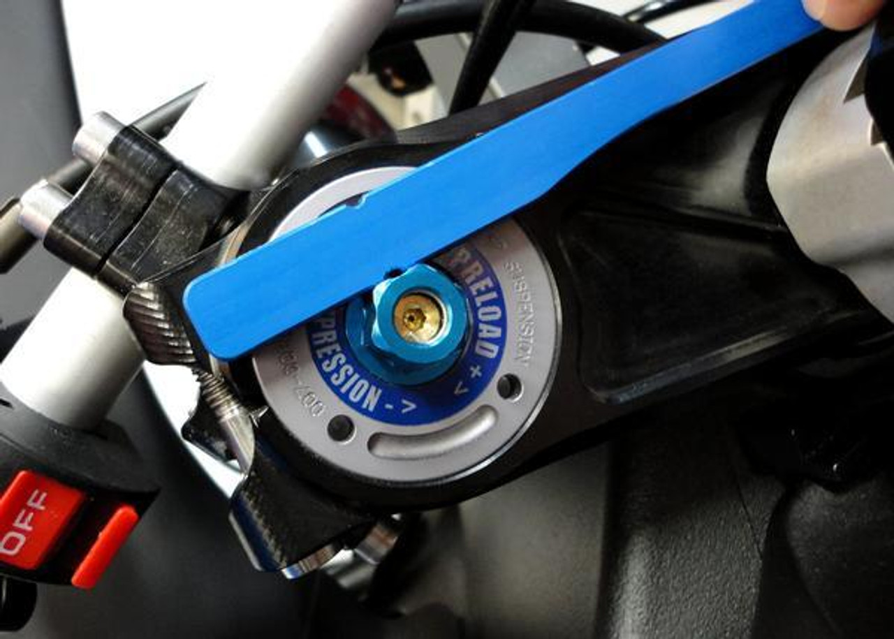 Motion Pro Clip On Handlebar Alignment Tool, installed on a motorcycle handlebar for precise alignment. Motion Pro Clip On Handlebar Alignment Tool, installed on a motorcycle handlebar for precise alignment.