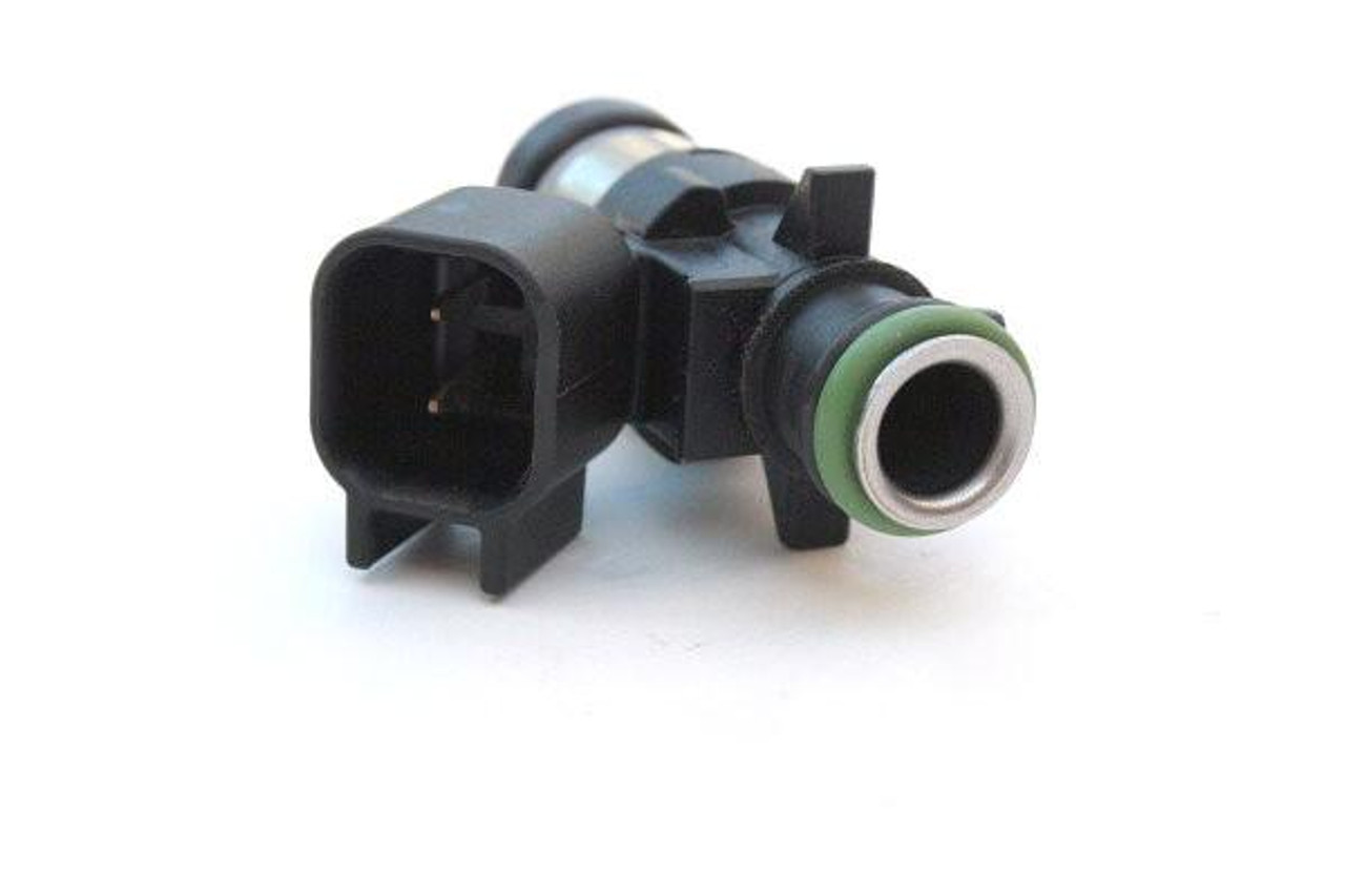 Schnitz Racing Fuel Injector Kit for Kawasaki ZX14R and ZX10R, close-up of the black fuel injector with green sealing ring and metal nozzle. Schnitz Racing Fuel Injector Kit for Kawasaki ZX14R and ZX10R, close-up of the black fuel injector with green sealing ring and metal nozzle.