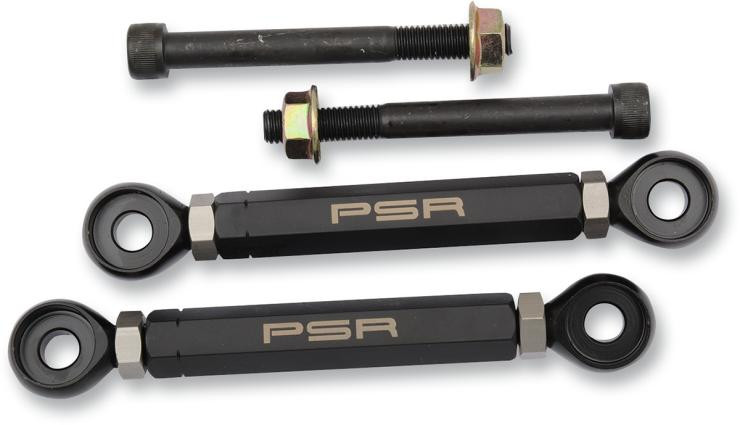 PSR Adjustable Lowering Links Kawasaki EX250 Ninja (08-12), black motorcycle suspension lowering links with mounting bolts.