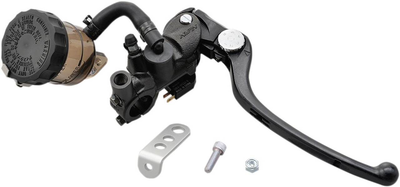 Nissin Radial Master Cylinder Brake Kit, motorcycle brake master cylinder with lever, hydraulic brake fluid reservoir, mounting hardware, and adjustment screw. Nissin Radial Master Cylinder Brake Kit, motorcycle brake master cylinder with lever, hydraulic brake fluid reservoir, mounting hardware, and adjustment screw.