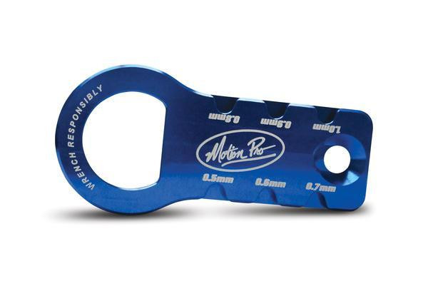 Motion Pro Spark Plug Gap Adjust Tool, blue metal tool with hole and measurement markings for spark plug gap setting.