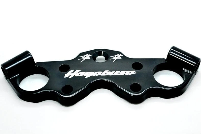 Roaring Toyz Triple Clamp Suzuki Hayabusa (99-20), black motorcycle triple clamp with white logo and design.